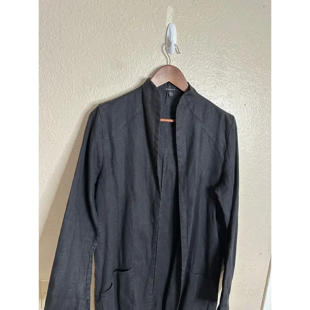 Black Ficus Linen Trench Almond in Black Mens S Longline Duster Open Front